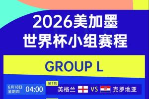世界杯L组赛程：英格兰vs克罗地亚6月18日4点，英格兰均凌晨出战