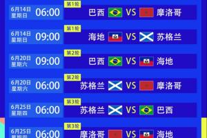 世界杯C组赛程：巴西均早上6点+9点出战，vs摩洛哥6月14日6点